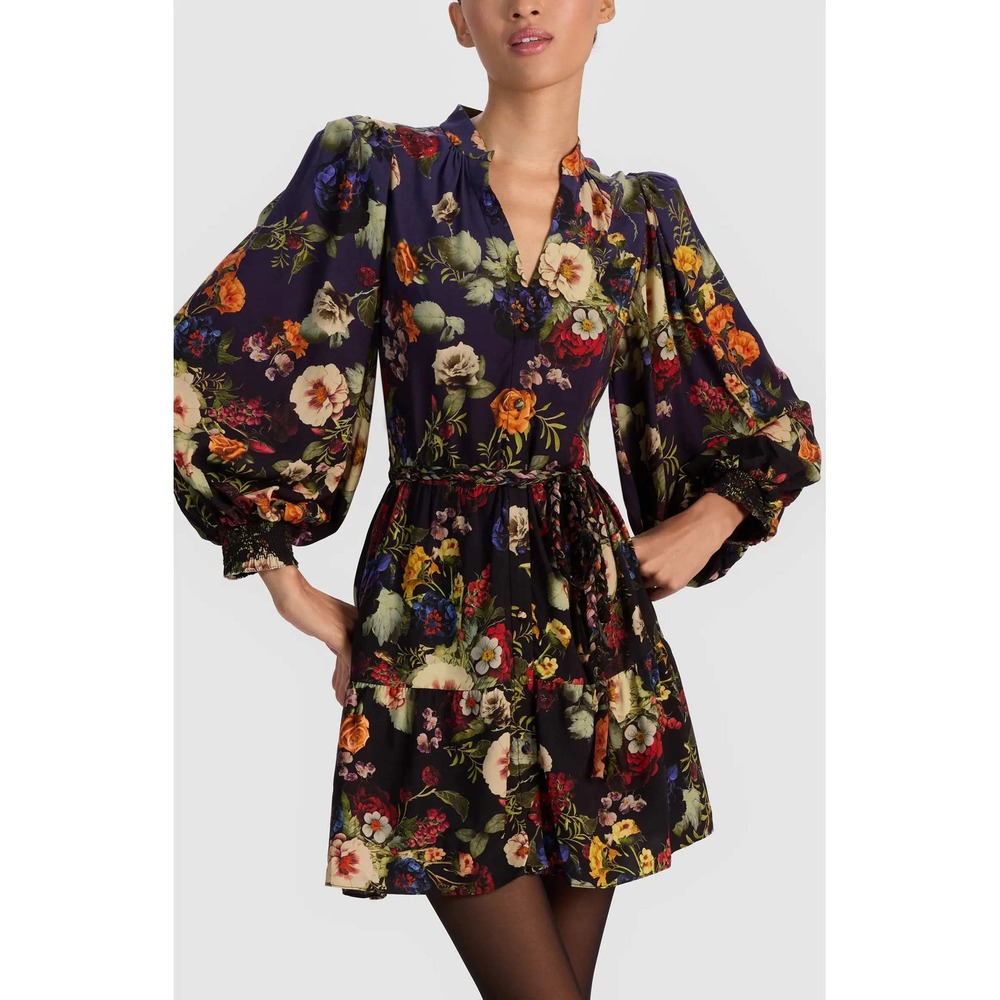Alice + Olivia Antonette Magic Garden Mini Dress Navy Floral Puff Sleeve Sz 2